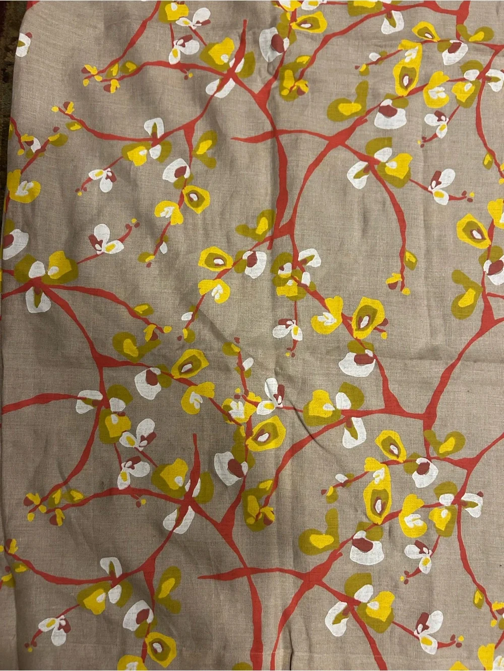 Crate&Barrel Tan Yellow Red White Floral Patterned Table Cloth 60x120 Inches